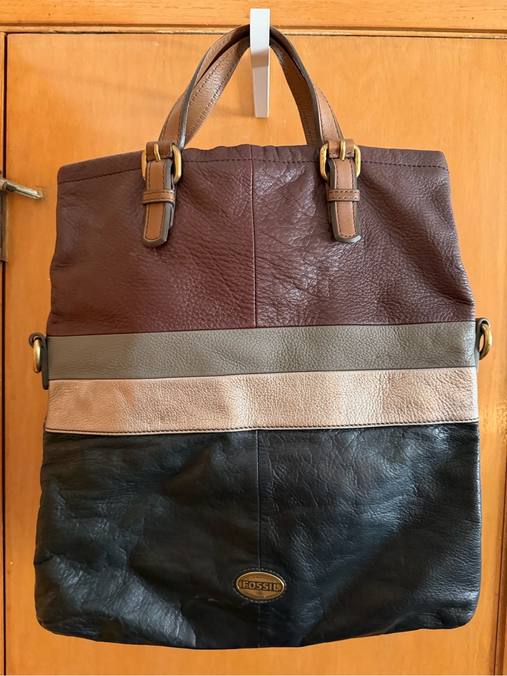 Fossil Tri-Panel Leather Messenger/Tote Bag